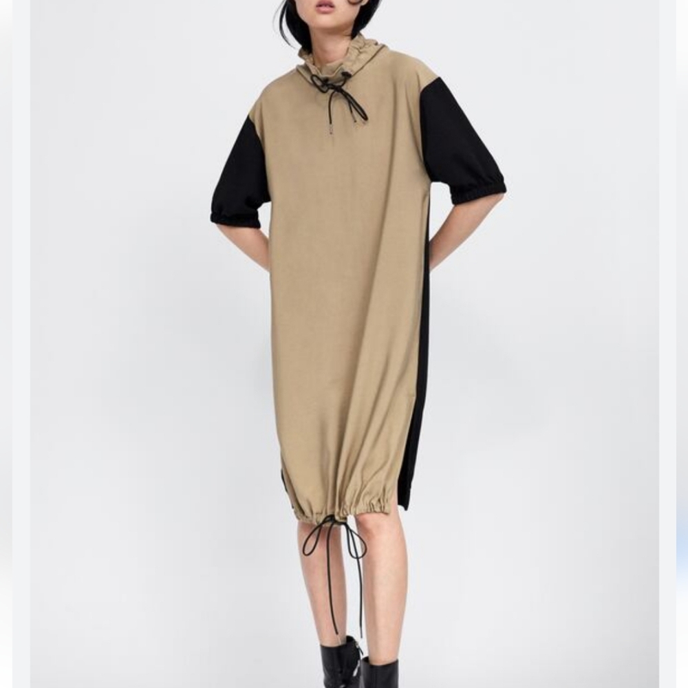 Zara Basic Cowl Neck Drawstring Tan and Black Color Block Midi Dress Size Medium